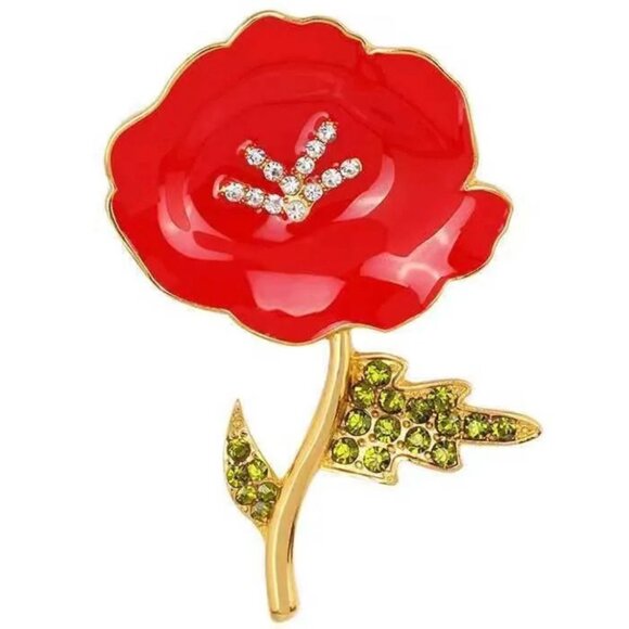 Red Enamel Poppy Brooch with Green & Clear Crystals Gold Tone - Picture 1 of 1